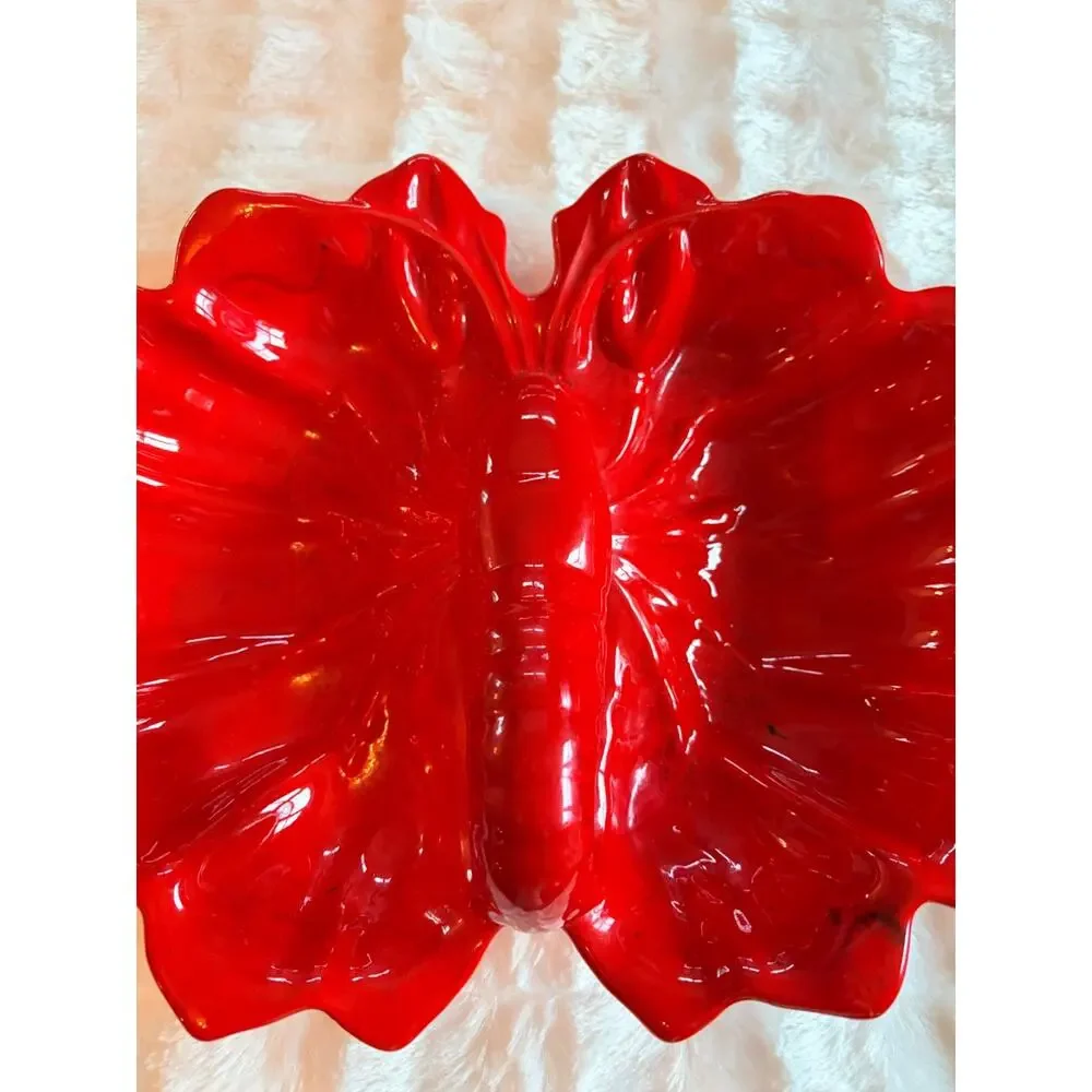Vibrant Red Lobster Shell Ceramic Divided Serving Dish Coastal Decor Sea Life
